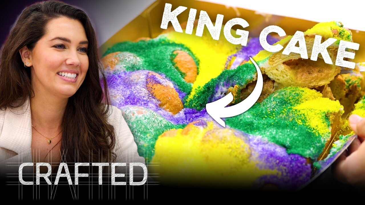 photo of a woman with a plate of king cake beside her