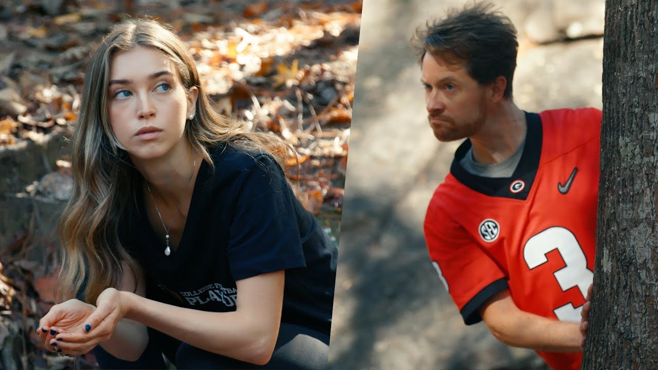 guy peeking out from behind a tree, girl crouching down