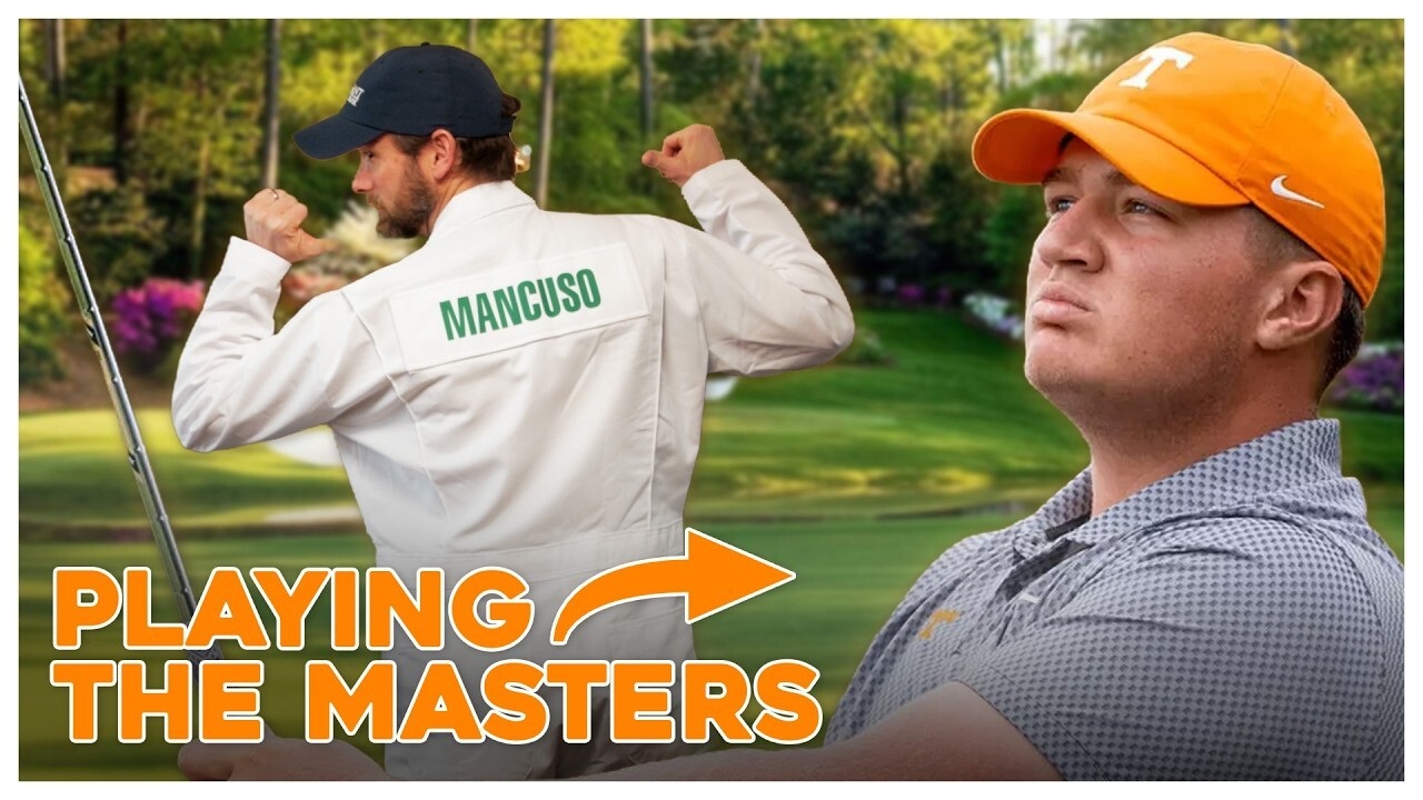 Josh Mancuso is wearing a white caddie uniform that reads "Mancuso", closeup of Jackson swinging a golf club