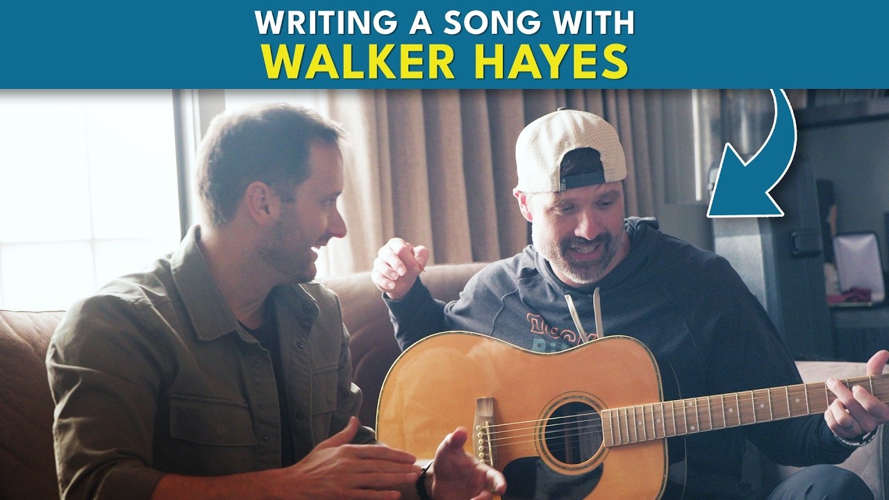 Josh Mancuso and Country singer Walker Hayes sitting on a sofa with a guitar