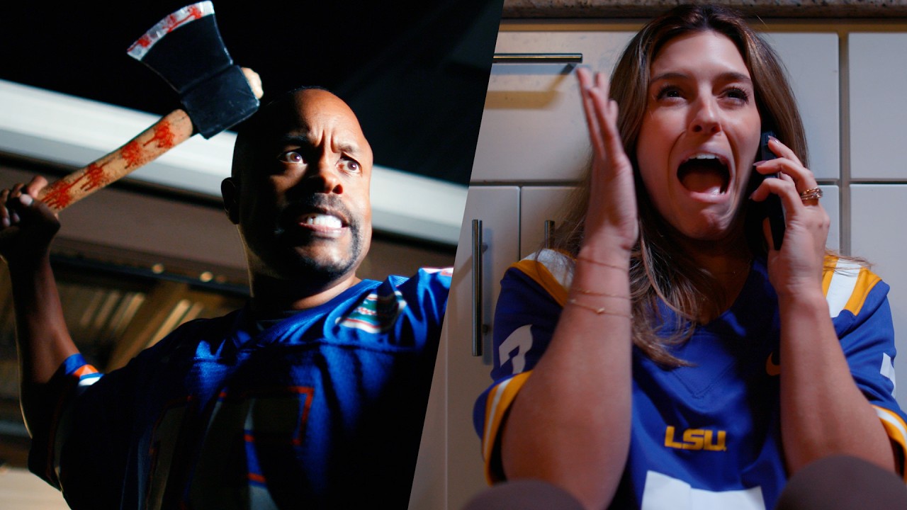 split screen of a man with an ax and a girl screaming
