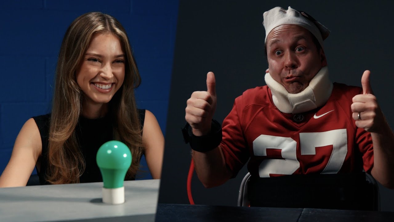 guy in bandages in an Alabama jersey and a girl