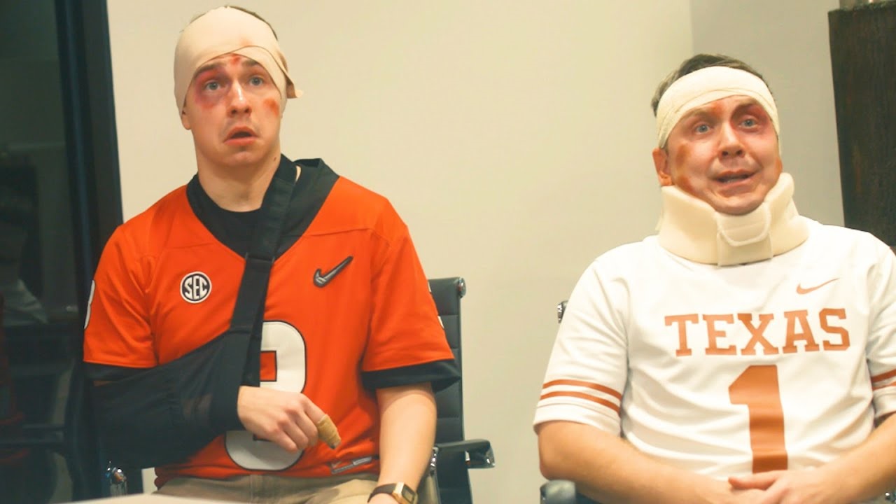 Guy in an arm sling and a guy with a head bandage