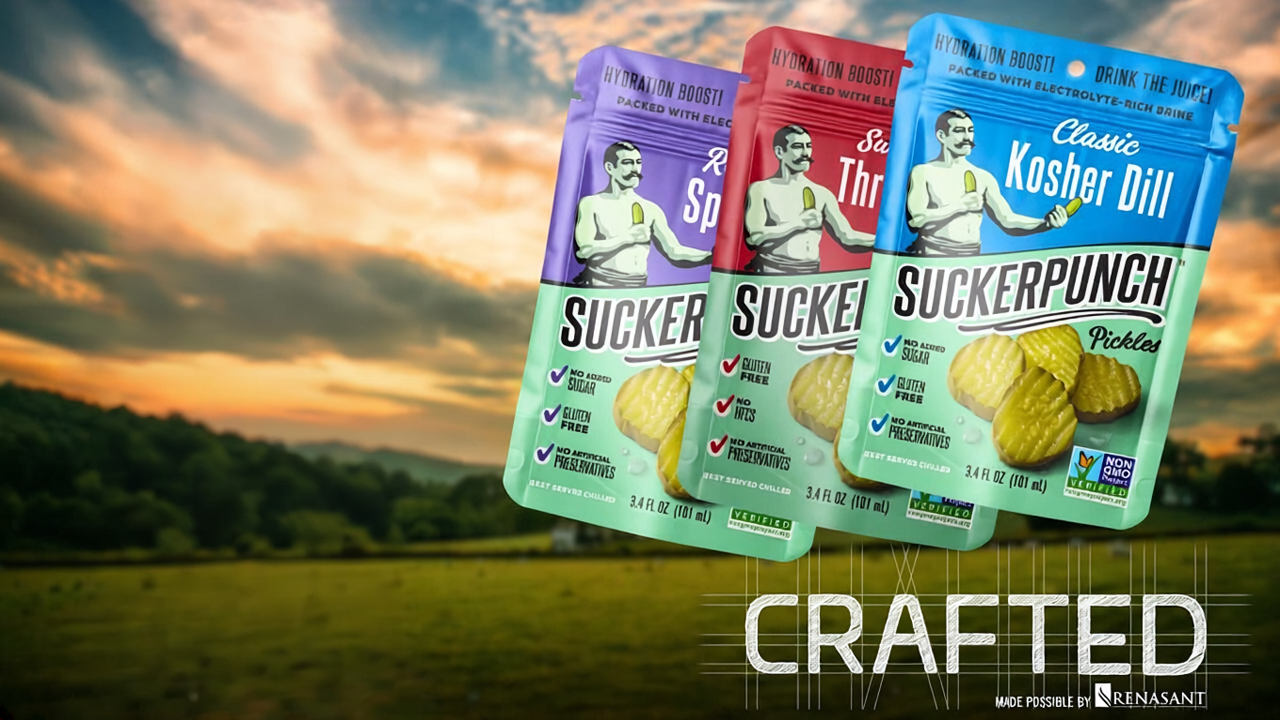 image of 3 SuckerPunch brand pickle pouches with a sunset background