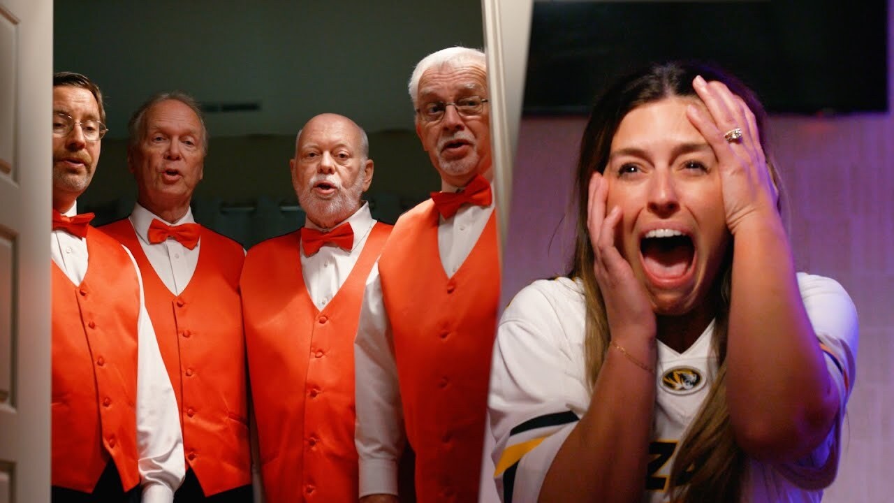 Split screen of a quartet and a girl screaming