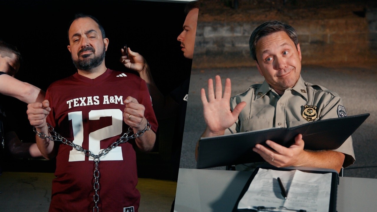 split screen of a man in a Texas A&M jersey and a police officer holding a book