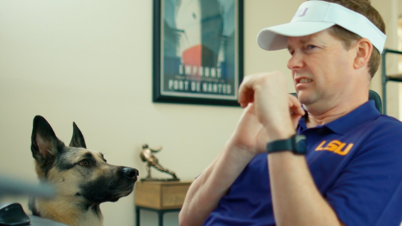 guy in an LSU shirt with a visor looking at a dog